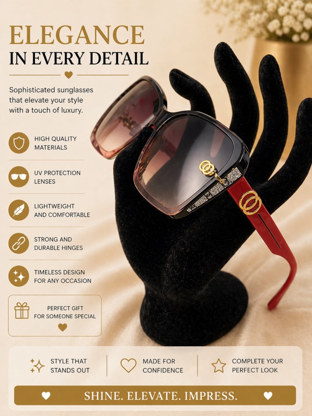 Women’s Red Square Sunglasses with Gold Accents